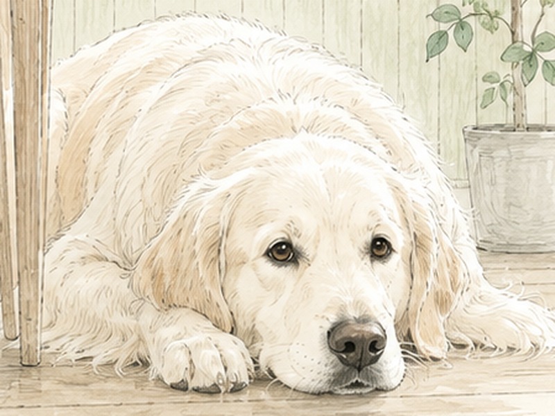 床に伏せて休む看板犬オルカ（ゴールデンレトリバー）の水彩画